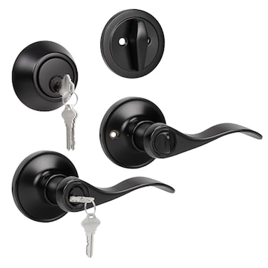 KNOBWELL Entry Lever Door Handle and Single Cylinder Deadbolt Set Keyed Alike Exterior Door Knob Lock with Deadbolt for Office and Home Security Mattle Black Front Door Lock Set 1 Pack