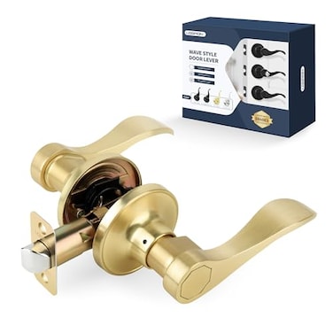 LOQRON Wave Style Door Lever Brushed Gold Passage Door Handle Keyless Gold Interior Lever Reversible for LeftRight Handed for Hallway and Closet with Satin Brass Finish 1 Pack
