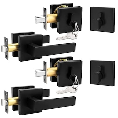 Probrico 2Pack Matte Black Exterior Door Handle with Single Cylinder DeadboltPassage Door Lever and Deadbolt Lock Set for Front DoorKeyed Alike