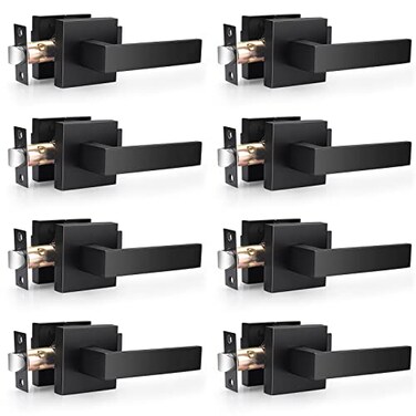 Probrico 8 Pack Matte Black Passage Levers for Hall and Closet Square Heavy Duty Interior Keyless Door Handles Reversible for Left Right Sided Doors