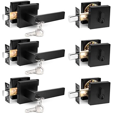 Probrico Flat Black Square Entry Levers Locksets and Single Cylinder Deadbolts Combination Set Heavy Duty Front Door Office Entrance Levers 3 Pack Keyed AlikeAll Same Keys