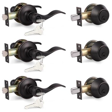 Probrico Oil Rubbed Bronze Entry Lever and Deabolt Sets Keyed Alike Drop Levers with Single Cylinder Deadbolts and Key Combo Pack Exterior Front Door Keyed Hardware 3 Pack