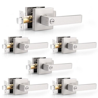 Probrico Satin Nickel Square Privacy Door Levers Lockset for Bedroom or Bathroom Keyless Door Locks 6 Pack