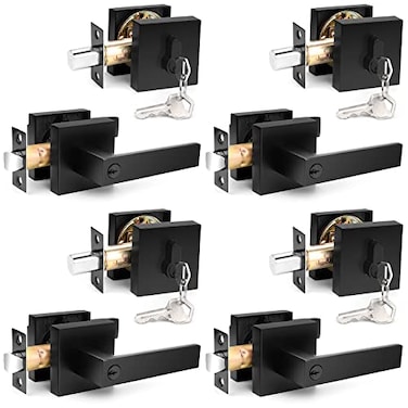 Probrico Square Keyed Entry Levers and Double Cylinder Deadbolts Combo Pack Flat Black Heavy Duty Entrance Locksets for Office Bedroom and Front Door 4 Pack Keyed AlikeAll Same Keys