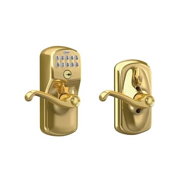 SCHLAGE Schlage FE595 V PLY 505 FLA Plymouth Keypad Entry with FlexLock and Flair Lever Bright Brass