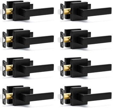 Sopoby 8 Pack Passage Door Handles Matte Black Door Knobs Interior Door Knobs Square Heavy Duty NonLocking Handlesets Hall Closet Handles Reversible for Right Left Sided Doors