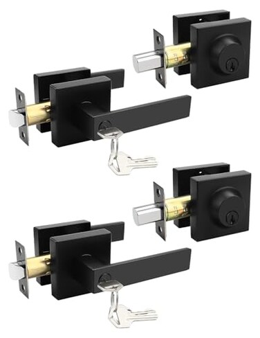 Tinewa Square Keyed Alike FrontExterior Door Levers with Single Cylinder Deadbolt Flat Black Entry Door Knob Lock Sets with Deadbolt Combination Sets for EntranceFront and Office Doors2 Pack