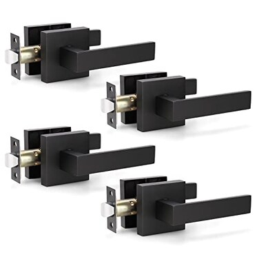 KNOBWELL 4 Pack Matte Black Door Handles Passage Door Knobs Interior for ClosetHallway Inside Door Knobs with Straight LeversNo Lock No Key