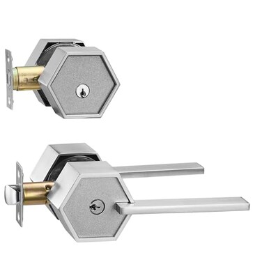 Berlin Modisch Zero Gravity Metro Series Entry Lever Door Handle Set and Single Cylinder Deadbolt Locking Lever HandleSet Front Door or Office Reversible Heavy Duty Satin Nickel Finish