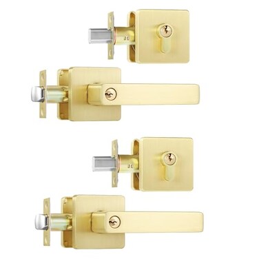 Leydebong 2 Pack Square Entry Levers and Single Cylinder Deadbolts Combo Pack Flat Gold Keyed Alike Heavy Duty Keyed Entry Handles Locksets Reversible for Right and Left Side