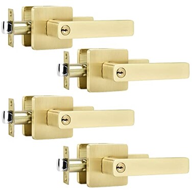 Leydebong 4 Pack Heavy Duty Entry Lock Lever Gold Handle Keyed AlikeCombo Keyed Entry Reversible for Left or Right