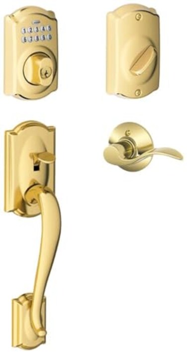 SCHLAGE Schlage FE365CAMACCLH Left Handed Camelot Electronic Handleset with Accent Le Lifetime Polished Brass
