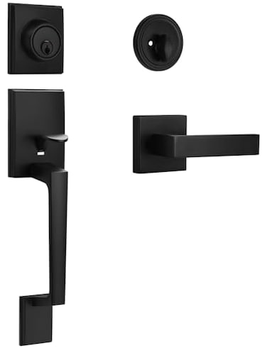 Sopoby Matte Black Front Door Handle and Single Cylinder Deadbolt Combo Set Black Exterior Door Lever Heavy Duty Modern Front Door Lock Set Reversible for Right Left