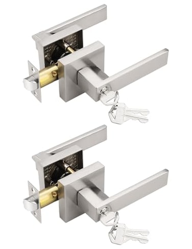 Tinewa 2 Pack Entry Door Levers with Lock and Key Brushed Nickel Keyed Alike Lockset Combo Pack Entrance Door Handles for Office and Front Door Door Knobs Lockset Each with 3 Keys