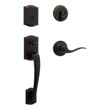 Kwikset Prescott Front Door Lock Handle and Deadbolt Set Entry Handleset Exterior with Interior Reversible Lever Venetian Bronze Pick Resistant SmartKey Rekey Deadbolt Security