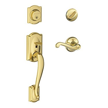 SCHLAGE Camelot Single Cylinder Handleset and Right Hand Flair Lever Bright Brass F60 CAM 505 FLA 605 RH