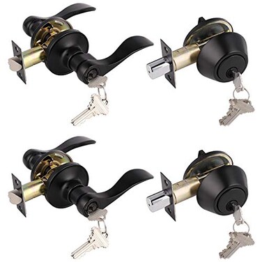 Gobrico 2 Pack Matte Black KeyedAlike Door Levers and Double Cylinder Deadbolts Combination Sets Locksetswith Same KeyReversible for RightLeft Handed Doors
