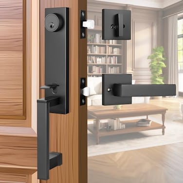 Tinewa 1 Pack Front Door Lock Set Matte Black Exterior Door Handle and Deadbolt Set Modern Heavy Duty Low Half Lever with Deadbolt Adjustable Reversible for Right Left Handed Doors
