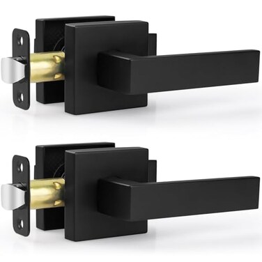 Estmoon 2 Pack Passage Door Levers Matte Black Door Knobs Interior Square Door Handles Heavy Duty NonLocking Leversets Hall Closet Handles Reversible for Right Left Sided Doors