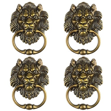 GENHAKON 4 PCS 63 Inch Classical Lion Door Knocker Antique Bronze Lion Door Handle Classical Cabinet Ring Knob Matte Antique Bronze Hardware with Screws Euro Decorative Door Knocker