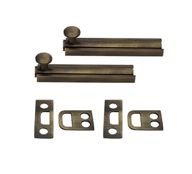 QCAA Solid Brass Surface Bolt 4 Antique Brass Brushed 2 Pack Made in Taiwan