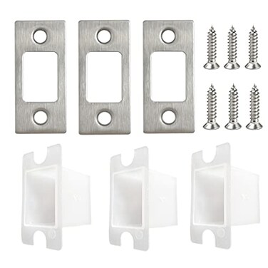VEEBELL Stainless Steel Deadbolt Strike Plate Square Round Corner Backplate 1 x 214 with dustbox and 6 Screws 3 Pack Stainless Steel