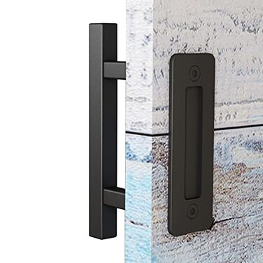 EaseLife 10 Sliding Barn Door Pull Handle with Flush Hardware Set Double Sided Heavy Duty Square Matte Black Powder Coated Finish Easy Install