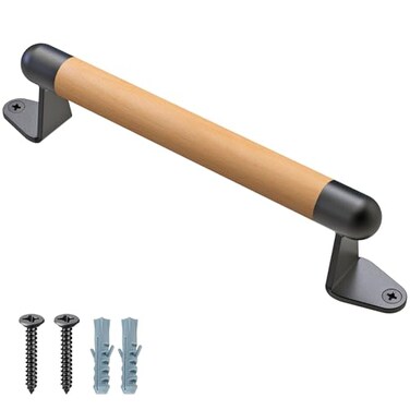 SELEWARE 1 Pcs 12 Inch Barn Door Handle Solid Beech Wood with Black Metal Brackets Sliding Door Pull Handle for Fence Gate Closet Shed Indoor Handrail Playground Safety Handles Easy Install