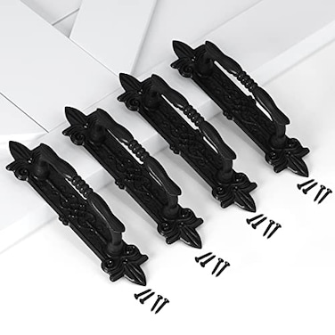 SMARTSTANDARD Heavy Duty 9 Antique Barn Door Handle Set of 4 Large Rustic Carved Door Pull for Gates Garages Sheds Black Powder Coated Finish