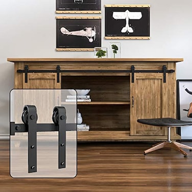 WINSOON 6FT Super Mini Sliding Barn Door Cabinet Hardware Kit for Double Doors TV Stands Small Wardrobe Cabinets J Shape Hanger NO Cabinet