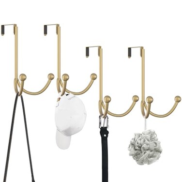 HFHOME 4 Packs Over The Door Double Hanger Hooks Metal Twin Hooks Organizer for Hanging Coats Hats Robes Towels Gold