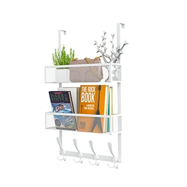 Kaiferty Over The Door Hooks OrganizerCoat Rack with 12 Hooks and 2 Mesh BasketsBack of Door Storage Organizer for BathroomBedroomKitchenOfficeWhite
