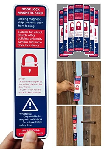 GINFH 12 Pack Lockdown Magnetic Strips Door Security Devices Thin Magnetic Strips School Office Emergency Easy Quick Lock Door Latch White Text Version 12