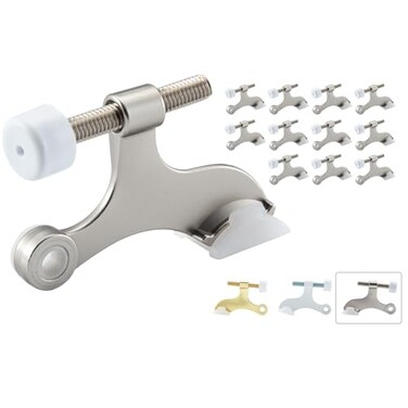 HOME MASTER HARDWARE Hinge Pin Door Stopper 12Pack Adjustable Heavy Duty Zinc Door Stop with Cushioned Plastics Bumper Tips for Removable Pin Hinge Satin Nickel Finish