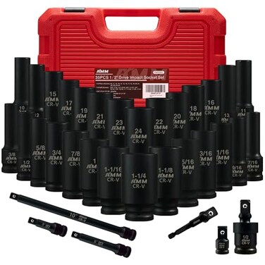 AMM 12 Drive Deep Impact Socket Set 35Piece Socket set SAE 38 to 114 inch and Metric 1024mm Size Includes Extension Bars Universal Joint and Adapter 6 Point DesignCrV steel