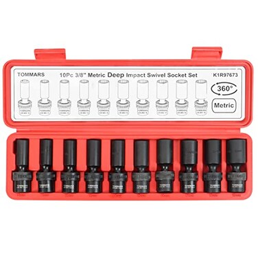 TOMMARS 38 Drive Universal Swivel Impact Socket Set Deep 6 Point Wobble Flexible Socket Set Metric 1019 mm CRMO Steel