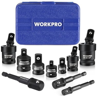 WORKPRO 10 Pieces Impact Socket Adapter Set with Case Includes 4pc Adapter and Reducer Set 3pc Universal Joint Socket Set and 3pc Drill Adapter 14 38 12