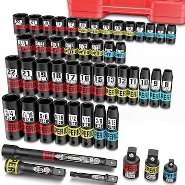 Aiourx 50 Piece 38 Drive Impact Socket Set SAE 51634 and Metric 7 mm19 mm Deep Shallow Sockets with Extension Bars Adapters Automotive Repair Industrial Maintenance