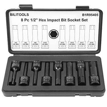 BILITOOLS 12 Drive Master Impact Hex Bit Set 8piece Hex Driver Socket Set Allen Bit Socket Metric 5mm 6mm 8mm 10mm 12mm 14mm 17mm 19mm CrMo Steel