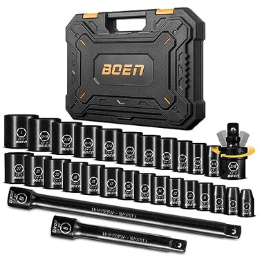 boen BOEN 38 Drive Impact Socket Set 29 Piece Shallow Socket Set SAE 38 to 1 Metric 8 to 22mm Includes 6 10 Extension Bars Universal Joint 6 Point Design CrV Steel Meets ANSI Standards