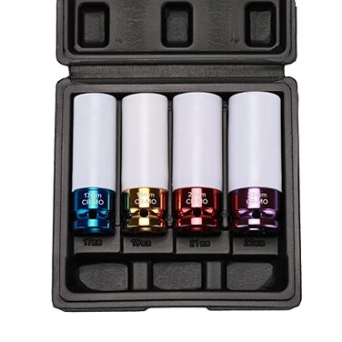 EMENTOL 4PCS 12 Drive ThinWalled Impact Drive Lug Nut Socket Set CRMO Metric Protective Wheel Impact Socket Set17mm 19mm 21mm 22mm
