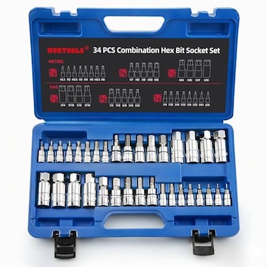 NORTOOLS Master Hex Bit Socket Set S2 Steel Allen Sockets Bit SAE and Metric Torx Bit CRV Socket Tool Allen Wrench Bit Kit 12 38 14 Drive Automotive Bike Motorcycle and ATV 34 Pieces