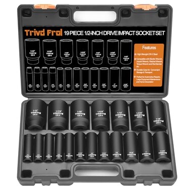 Trivd Frol SAE Impact Socket Set 12 Drive 19pc Deep Socket Set 38 to 112 CrV Steel Double Lock Case
