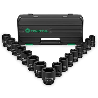 TIWINTUL 34 Inch Drive Impact Socket Set CRMO Steel 16 Pieces Socket Set SAE Sizes 1116 to 158 Heavy Duty Impact Socket Set for Large Vehicle and Equipment Maintenance