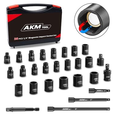 AKM TOOL 14 Inch Drive Magnetic Impact Socket Set 28Piece SAEMetric 14 Inch916 Inch 5mm15mm 6 Point CrMo Square Drive with Impact Socket Adapter Universal Joint Extension