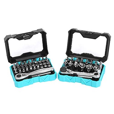 DURATECH 56Piece 14 Mini Ratchet Wrench and Screwdriver Bit Set 2in1 72Tooth and 60Tooth with Bit Socket Set Storage Cases Included