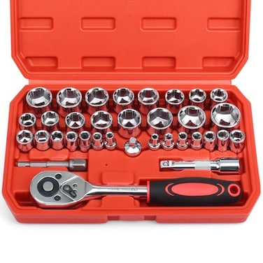 Egofine 34 Pieces 38 inch Drive Socket Ratchet Wrench Set with Socket Set MetricSAE and Extension Bar for Auto Repairing and Household with Storage Case