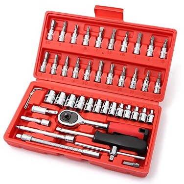LSLANSOON 46 Pcs 14 Drive Socket Ratchet Wrench Set with Storage Case Includes Metric Bit Socket Set and Extension Bar for Auto Repair and Home Maintenance