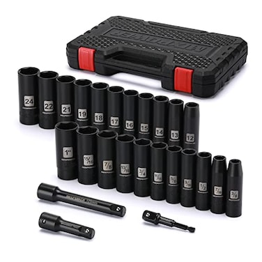 MIXPOWER 25 Pieces 12Inch Drive Deep Impact Socket Set CRV MetricSAE Includes 12mm to 24mm 38Inch to 1Inch 3 5 Extension bars 1214 Adapter