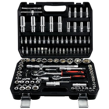 PIRIPARA 108 Piece Mechanics Tool Set Metric And Standard 14 12 Socket Set Ratchet Set Universal Joint Extension Bars Quick Release Reversible Ratchet Wrench Plastic Toolbox Storage